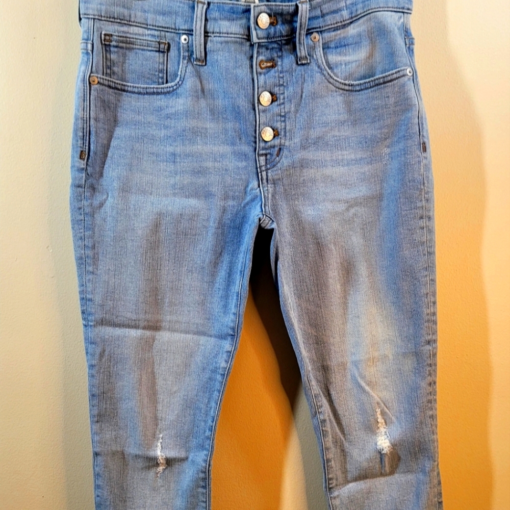 Madwell Womens 9" High Rise Skinny Blue Jeans 29x25 Distressed Hem Light Wash
